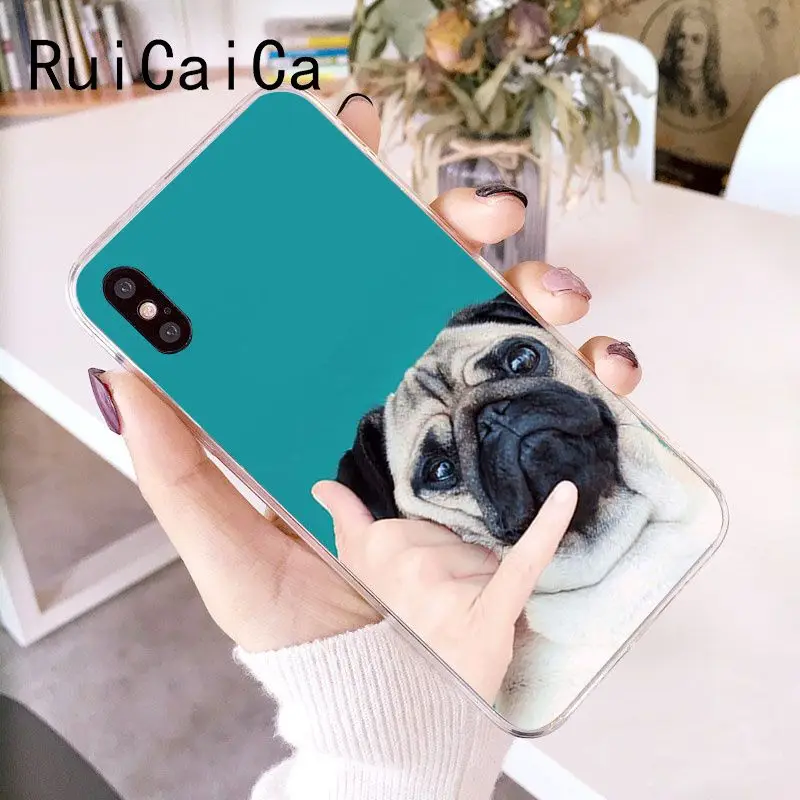 RuiCaiCa животное милый Мопс Собака Coque Оболочка Чехол для телефона iPhone 8 7 6 6S Plus X XS MAX 5