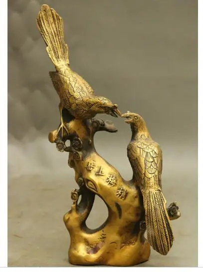 

collecting OLD copper Elaborate Old crafts Brass 9" Folk Chinese Bronze Technics Lucky 2 Magpie On The Plum Tree Branch Statue