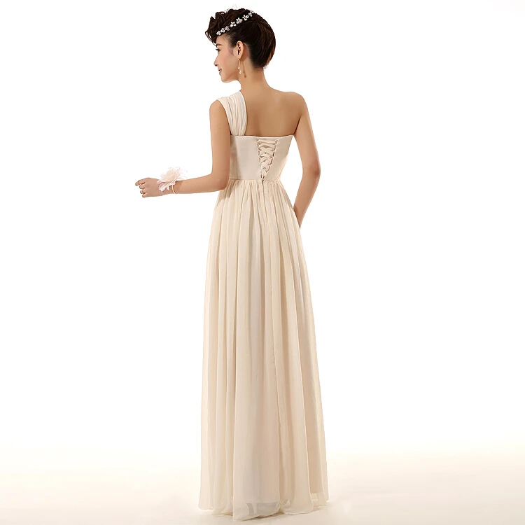 Женское шифоновое платье длинное цвета шампанского на одно плечо для выпускного