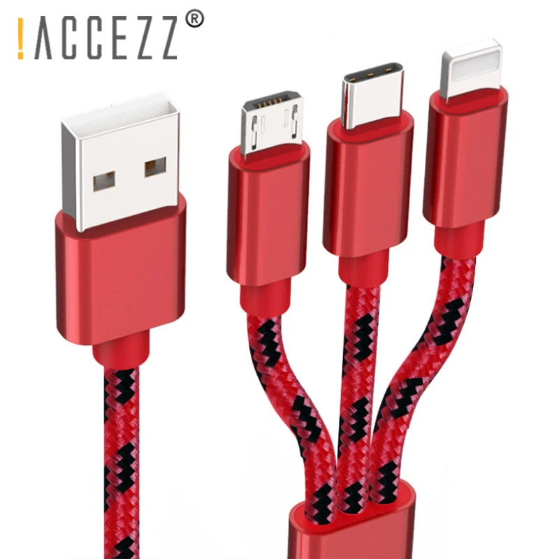 ! ACCEZZ 3 в 1 USB кабель 2A зарядный Micro usb type C освещение для iPhone XR XS MAX зарядное