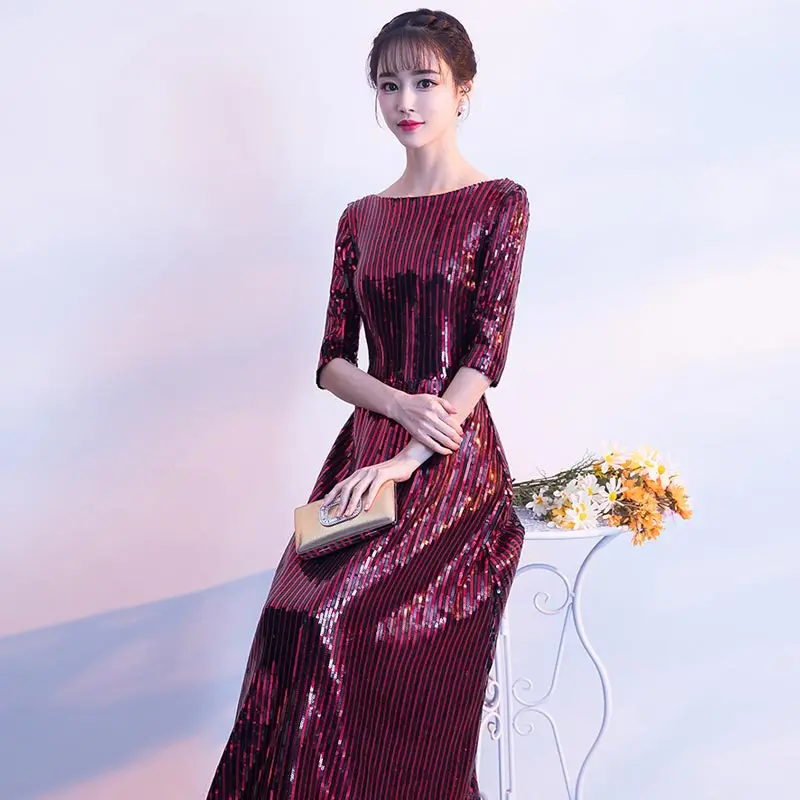 Женское вечернее платье с блестками FADISTEE Бордовое круглым вырезом длиной до пола