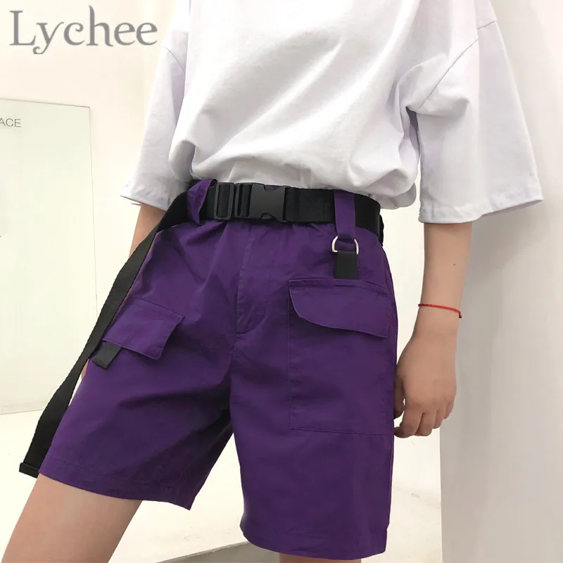 Lychee Harajuku с поясом, фиолетовые, эластичные, с высокой талией, женские, выше колена, Карго, шорты с карманами,, одноцветные, свободные, женские шорты