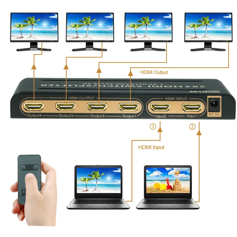 4K HDMI переключатель 2 в 4 из сплиттер 2x4 1 до hdmi x 2K 3D с дистанционным управлением