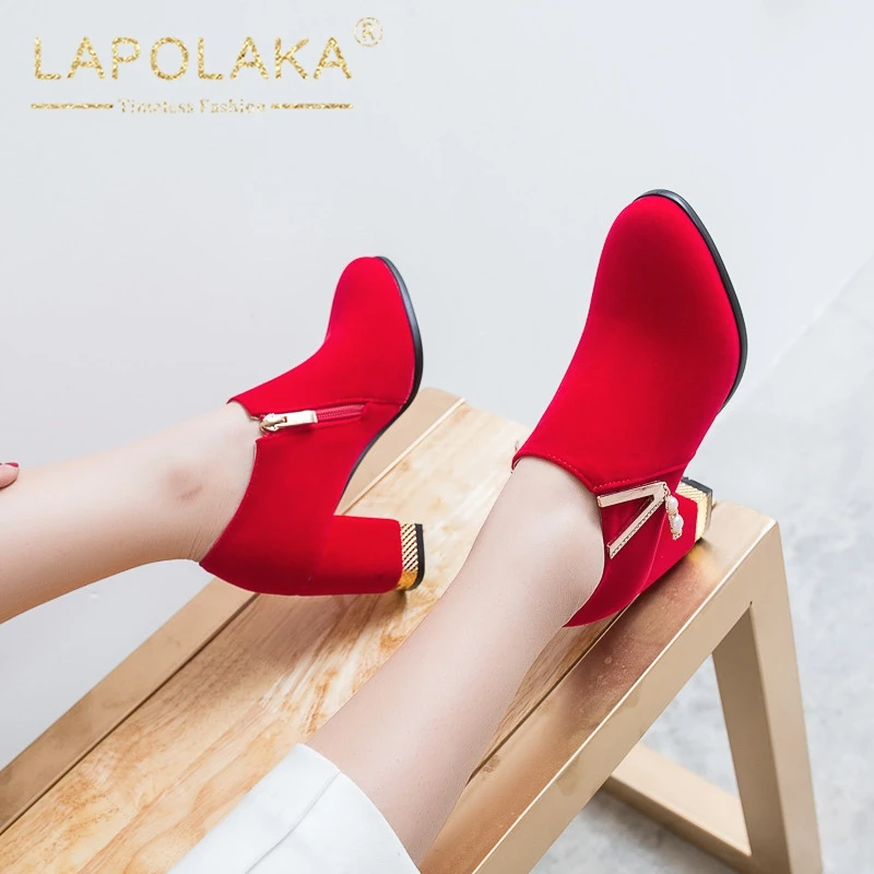 Lapolaka/модные Лидер продаж размера плюс 32-52 не сужающийся к низу каблук украшения из металла туфли с застежкой-молнией женские туфли-лодочки женский