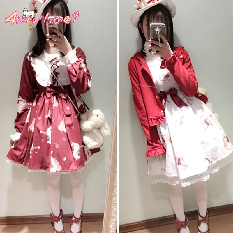 Женское платье в японском стиле с длинным рукавом и принтом кролика | Женская