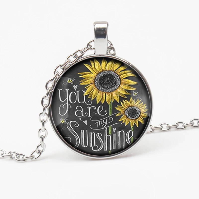 

Fashion Vintage Sunflower Necklace You are my sunshine text charm glass time pendant necklace female gifts preferred