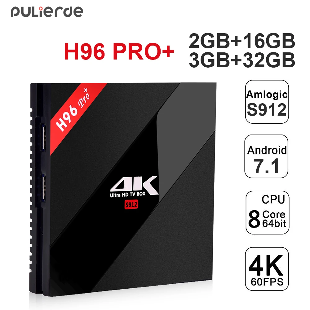 

Интеллектуальная ТВ-приставка PULIERDE H96PRO +, 2 ГБ, 16 ГБ, Android 2,4, Восьмиядерный процессор Amlogic S912, 5,8 ГГц/ГГц, Wi-Fi, 4K, BT4.1 PRO + телеприставка