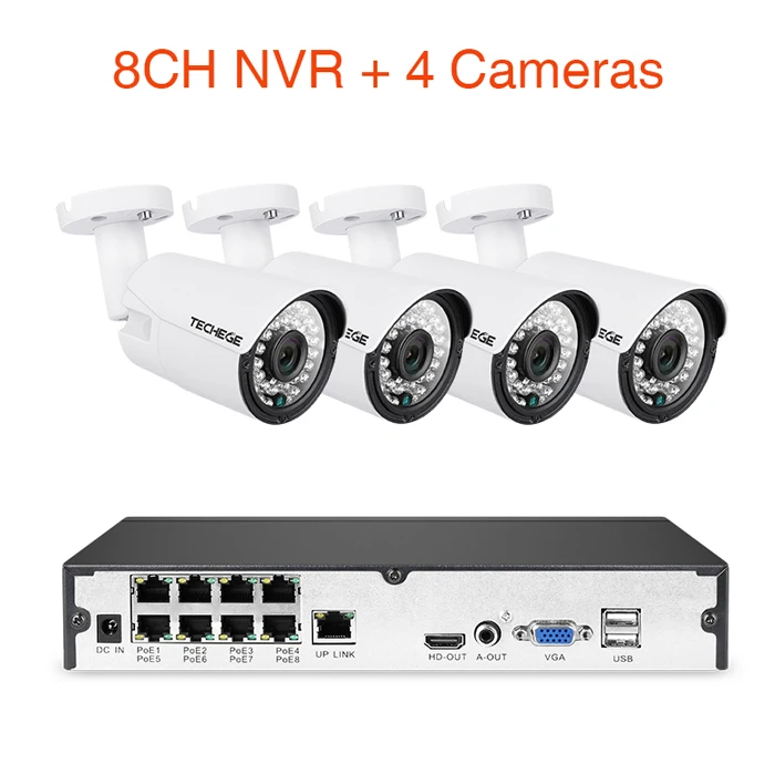 8CH NVR (4Cameras) Techege 8CH 1080P система видеонаблюдения Аудио запись 2MP PoE Комплект ip-камера 3000TVL металлическая Водонепроницаемая камера ночного видения - Цвет: 8CH NVR (4Cameras)
