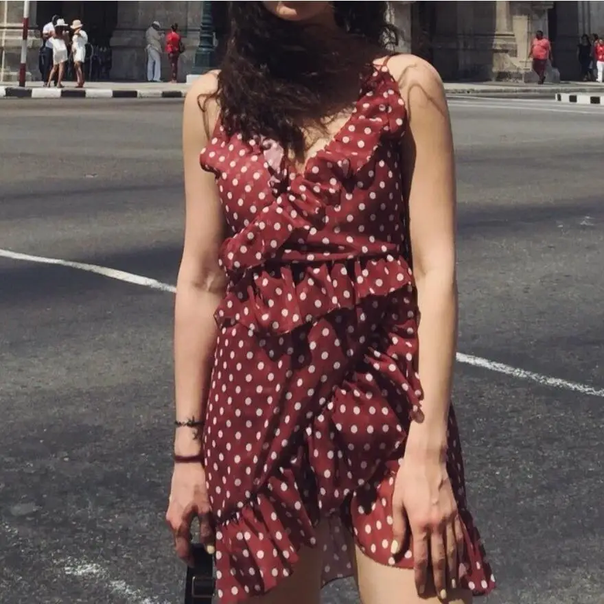 2019 Summer Sexy Deep V-Neck Polka Dot Chiffon Dress Ruffled Irregular Short Mini Dresses Women'S Clothing Beach | Женская одежда