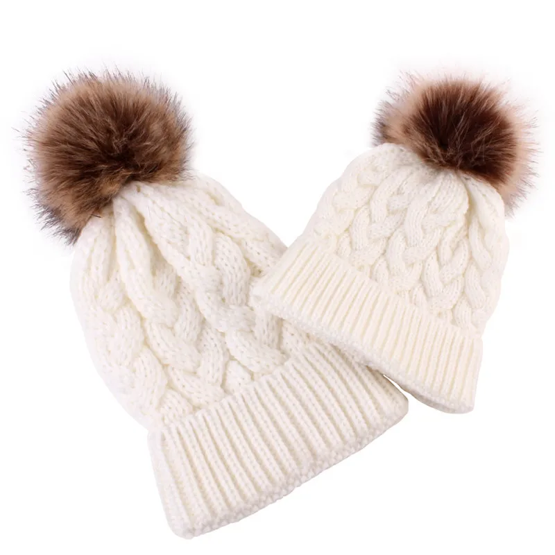 H0073 white 2 шт., семейные шапки для младенцев, зимние вязаные шапки из искусственного меха, Шапка-бини для мамы, дочки и сына, теплые шапки, женские вязаные шапки, H0073 - Цвет: H0073 white