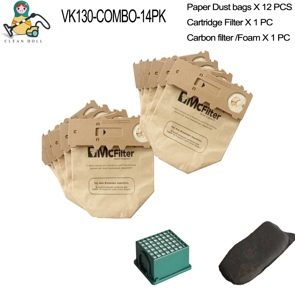 VK130-COMBO-14PK Несколько комплектов замена фильтра hepa двигатель угольный фильтр для пылесоса сумки VORWERK kobard VK130 VK131 FP130 FP131 запасные части - Цвет: VK130-COMBO-14PK
