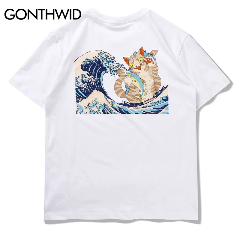 GONTHWID японский укийо-е кошка волна печати футболки уличная летняя Harajuku