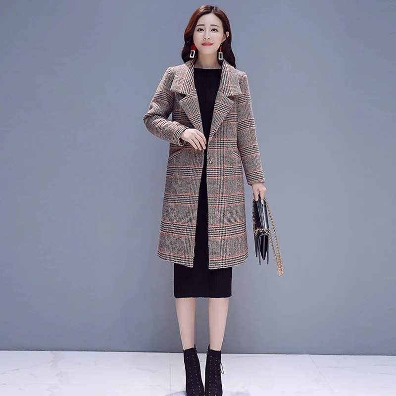 2019 новый темперамент шотландская шерстяное пальто осень-зима женское длинное