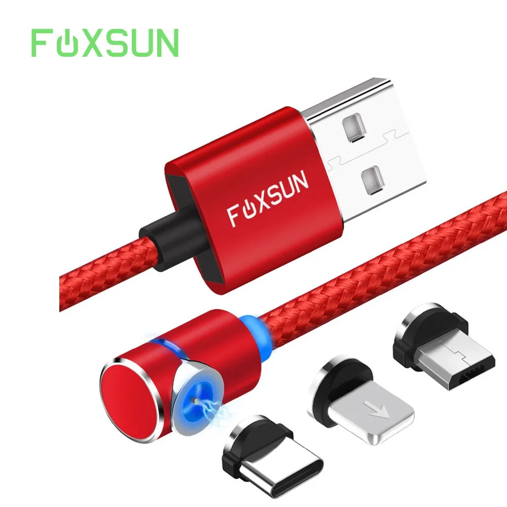 FOXSUN 3 в 1 90 градусов вращающийся магнитный кабель для Lightning + Type C Micro Плетеный USB