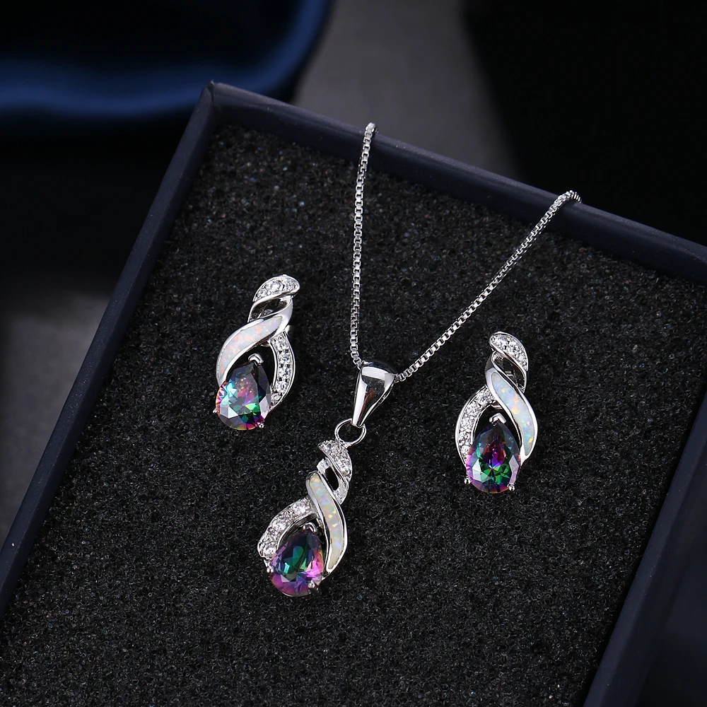 

Australian White Opal Fire MysticTopaz 925 Sterling Silver Color Charm Pendant Necklace Earring Jewelry Sets For Women JS4