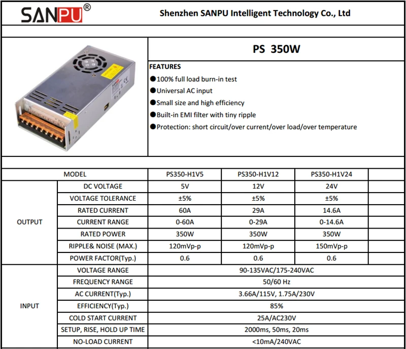 SANPU SMPS 24V DC импульсный источник питания 350W 14A постоянное напряжение одиночный выход AC/DC трансформатор драйвер Крытый для светодиодов 280W