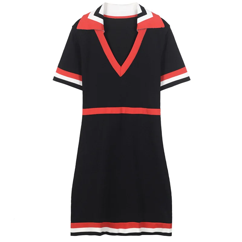 В полоску лацкан вязанные платье 2018 лето осень Мода Глубокий V вязаная юбка талии