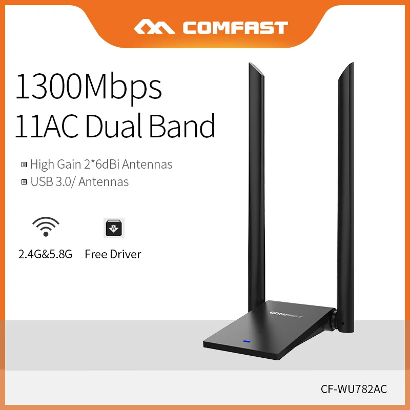 

COMFAST Free Driver 1300Mbps USB WiFi Adapter Long Distance WIFI Receiver 2*6dBi Antennas Dual Band Network Card CF-WU782AC