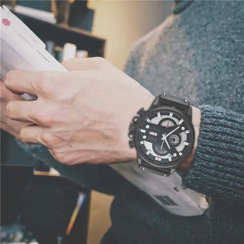 Мужские кварцевые наручные часы с хронографом на кожаном ремешке|Кварцевые