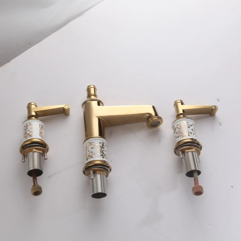 

Luxury Gold-plating Basin Faucet Bathroom Dual Holder Three-Hole Sink Taps Antique Brass Decorative Ceramic Mixer Tap OS-61176
