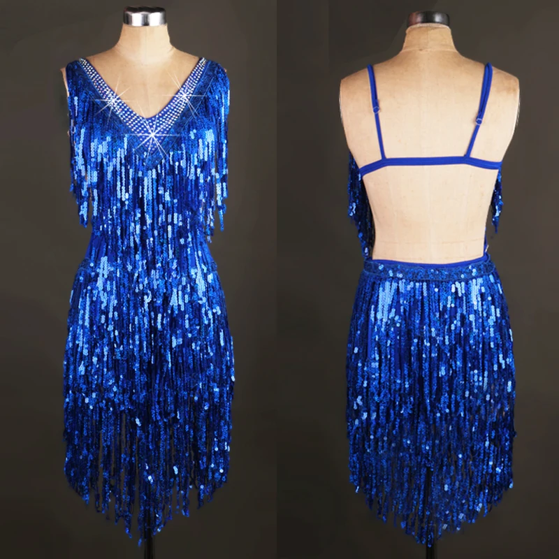 

2019 костюмы для латиноамериканских танцев платья Для женщин синее платье с пайетками, Ленточки платье для танцев на задней части туфлей, ча-ч...