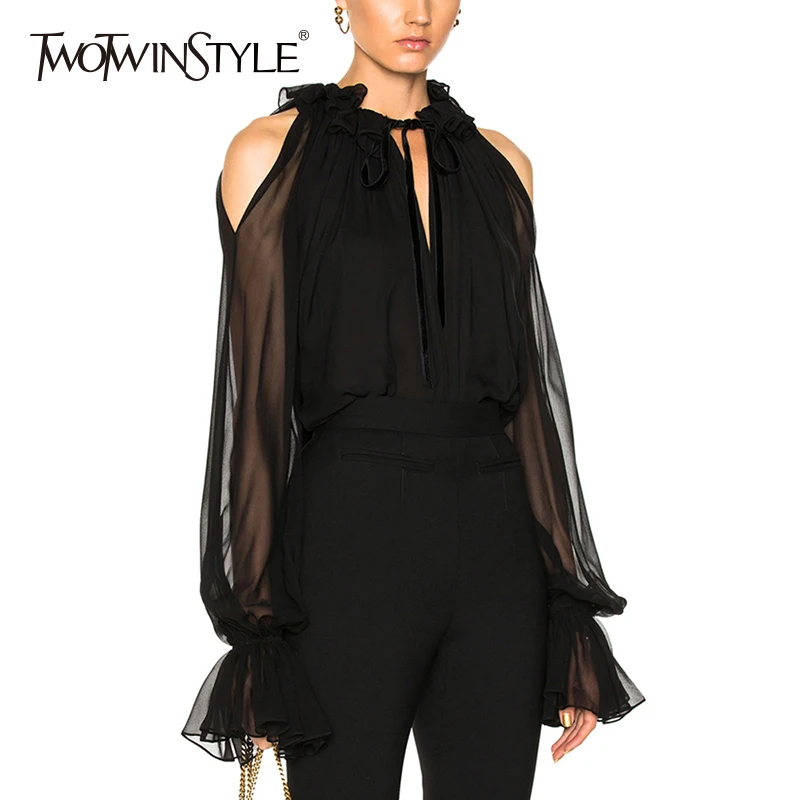 Фото TWOTWINSTYLE Chiffon Shirt For Women Off Shoulder Stand Collar Ruffles Lantern Sleeve Summer Blouse Female Fashion OL Clothing Женская TWOTWINSTYLE Chiffon Shirt For Women Off Shoulder Stand Collar Ruffles Lantern Sleeve Summer Blouse Female Fashion OL Clothing Женская
