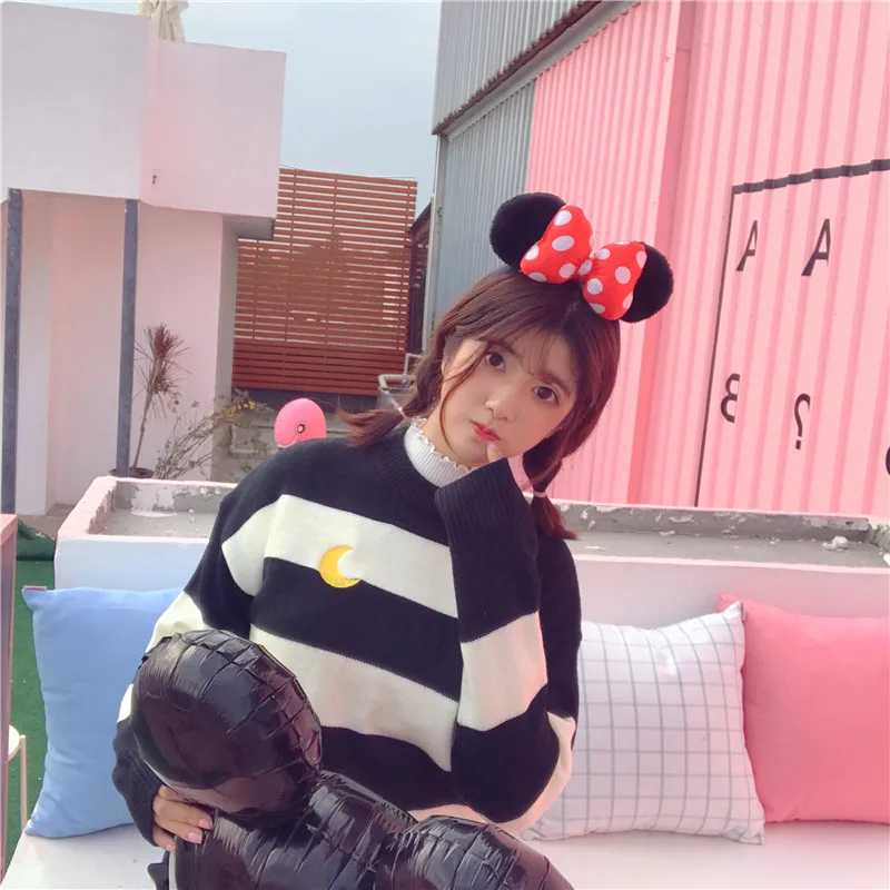 Harajuku модные женские туфли свитер сладкий Карамельный цвет полосатый вязаный свитер Симпатичные Луна вышивка хлопок Для женщин пуловер свитер