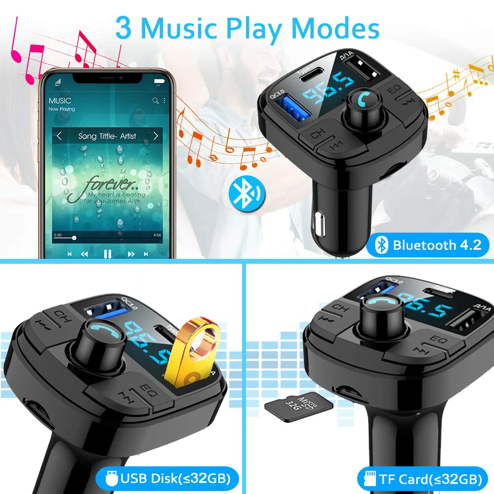 JINSERTA новейший Bluetooth 5,0 автомобильный FM трансимтер QC3.0 быстрое зарядное устройство тип-c fm-модулятор TF USB Флешка музыкальный автомобильный mp3-плеер