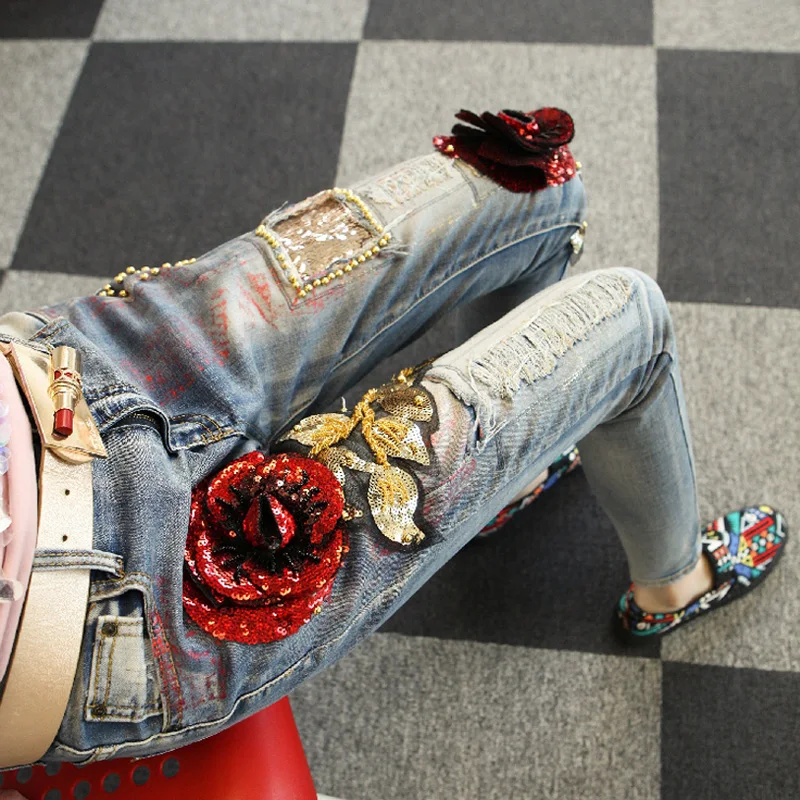3D розы и блестками джинсы Зауженные женские эластичные узкие брюки для девочек