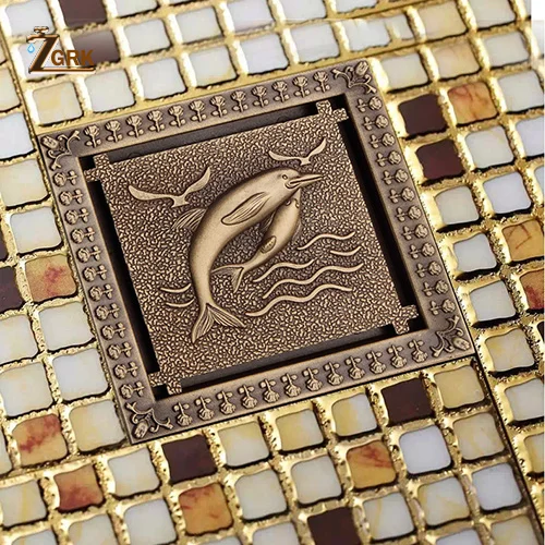 Dolphin ZGRK Слив для душа 12X12 см, Античный Твердый латунный трап, крышка, фильтр для ванной комнаты, аксессуары для ванной комнаты, художественные резные квадратные стоки - Цвет: Dolphin