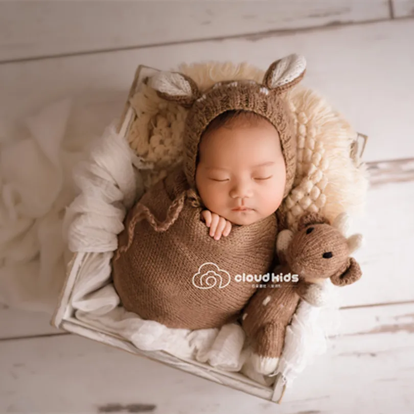 Baby Photography Outfit Crochet Mini Toy and Hat Props Cute Newborn Deer Match wrap Christmas Gift Jersey Wrap | Детская одежда и