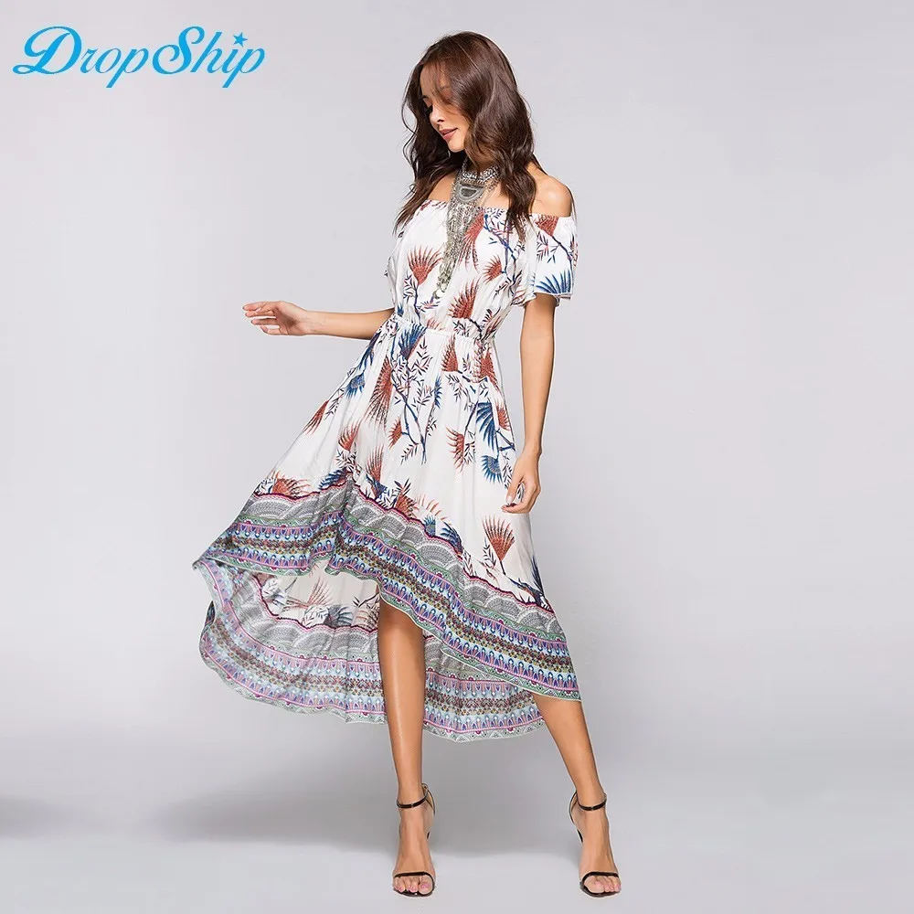 Женские летние длинные Пляжные наряды Boho дамы Новый стиль Мода Многоцветный Slash