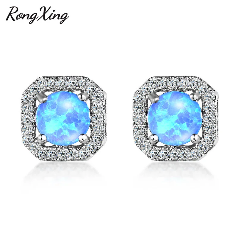 Blue Opal RongXing 925 пробы, заполненные серебром, белый/синий/зеленый огненный опал, циркониевые квадратные серьги-гвоздики для женщин, радужные серьги с камнем рождения - Окраска металла: Blue Opal