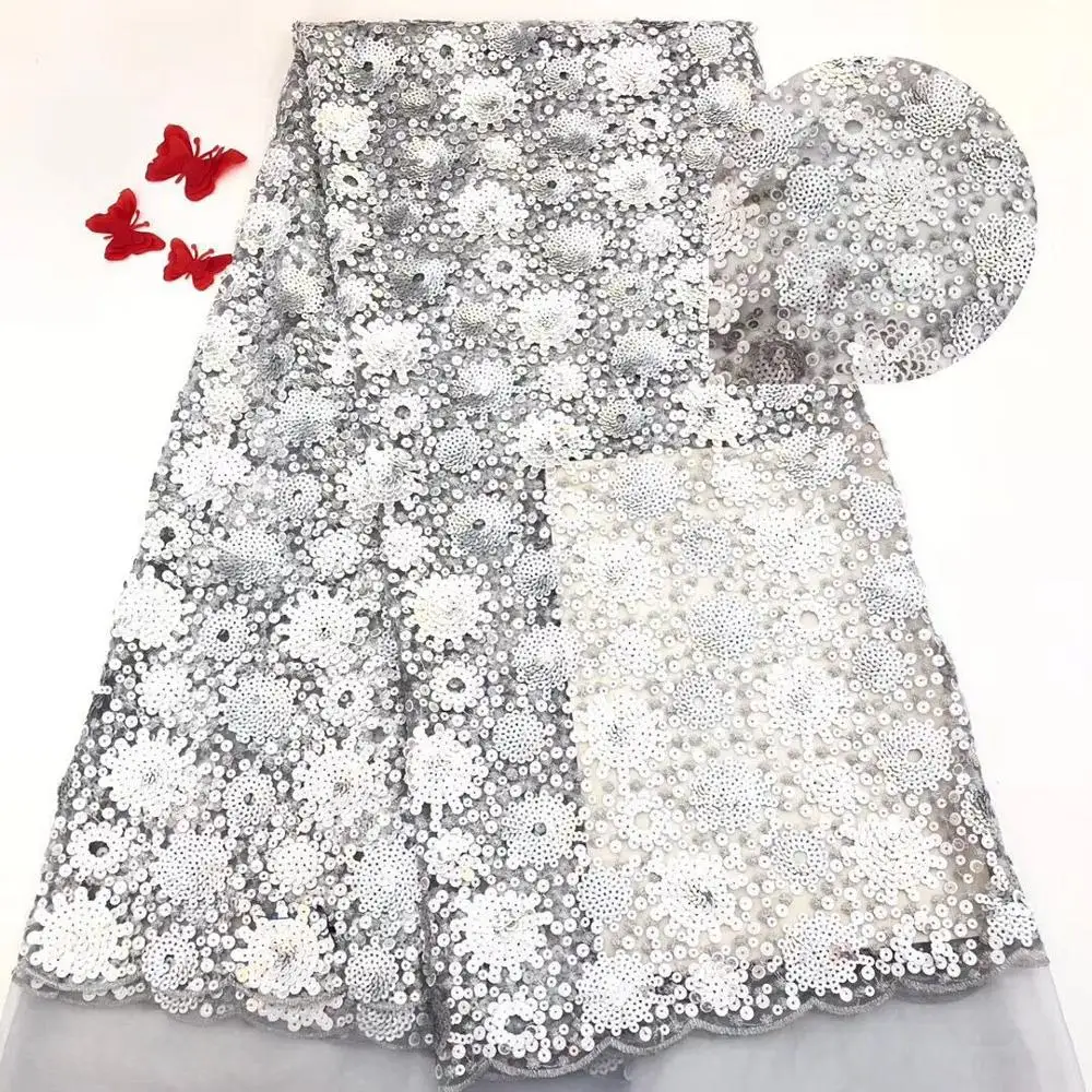 2019 high quality sequence French Nigerian sequins net lace African tulle mesh fabric for dress 5yards/lot white | Дом и сад