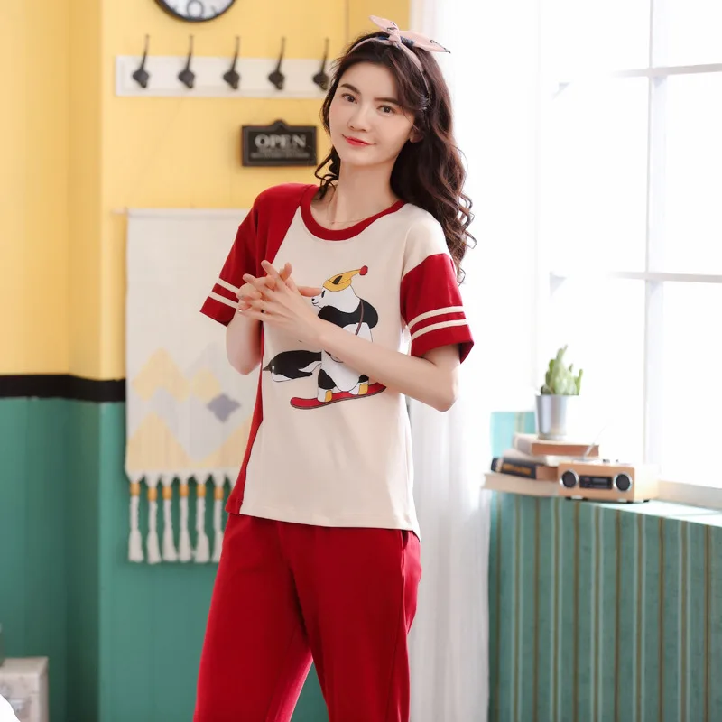 

Women summer cotton pajama fashion pullover home wear short sleeve trousers comfortable thin two piece pajama sets pajama set