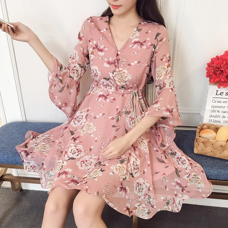 Милое шифоновое платье с принтом короткие женские платья V образным вырезом и