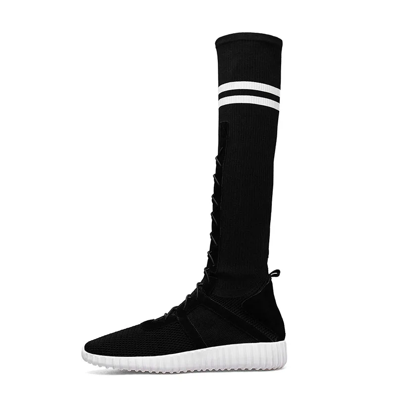 Женские высокие сапоги до середины икры белые эластичные облегающие кроссовки