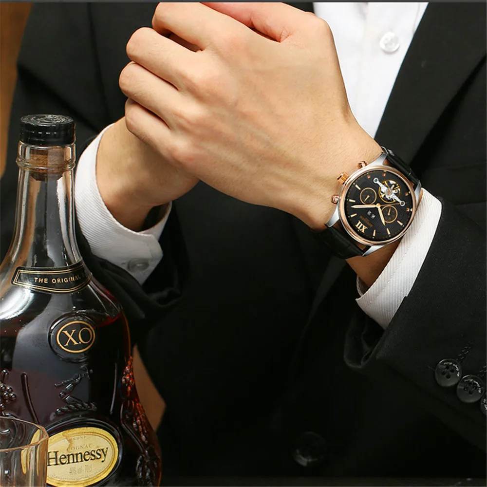 Механические часы KINYUED Skeleton Tourbillon, автоматические мужские классические механические наручные часы из розового золота и кожи, Reloj Hombre