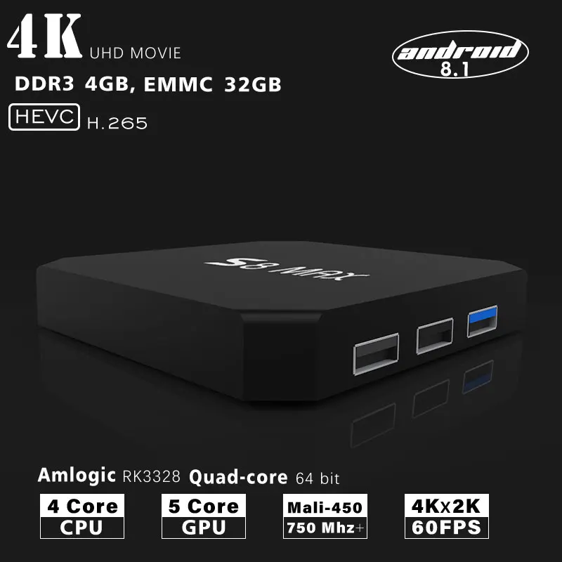 Приставка для ТВ android 8 1 S8 MAX Отт tv box 4 Гб оперативной памяти 32 ПЗУ Rockchip RK3328 USB 3 0 HDR