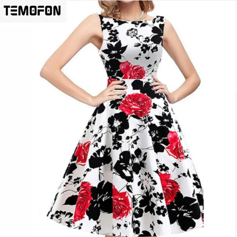 TEMOFON Women Summer Dresses Elegant Printing Sleeveless Dress Casual Party O-neck Female Ball Gown Colorful ELD07 | Женская одежда