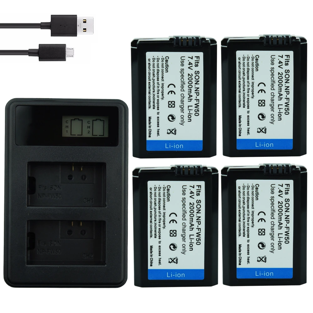 4 аккумулятора NP FW50 + двойное зарядное устройство USB с ЖК дисплеем для Sony A6000 5100 a3000