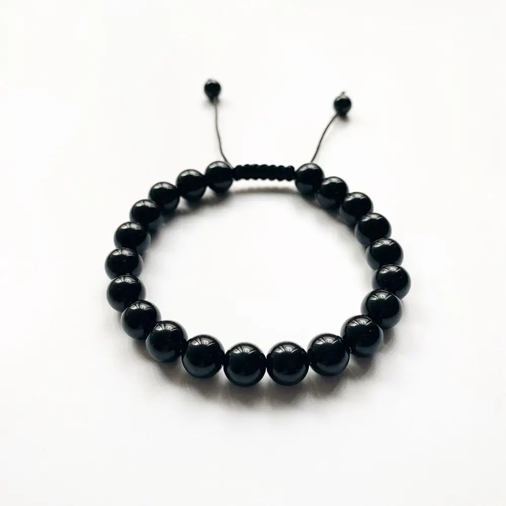 

8mm Black Obsidian Stone Beads Bracelet Men Women Natural Stone Crystals Ball Healing Reki Beaded Bracelet Cord Nylon