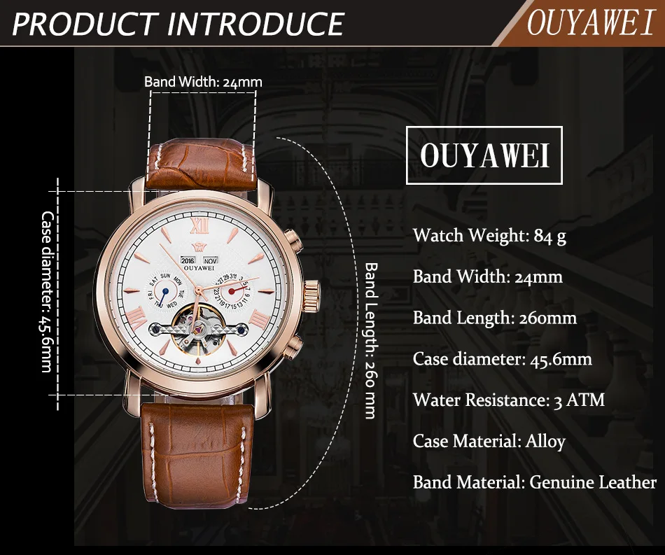OUYAWEI бренд Высококачественная кожа полностью автоматическая швейцарская ночник многофункциональные мужские водонепроницаемые механические деловые часы