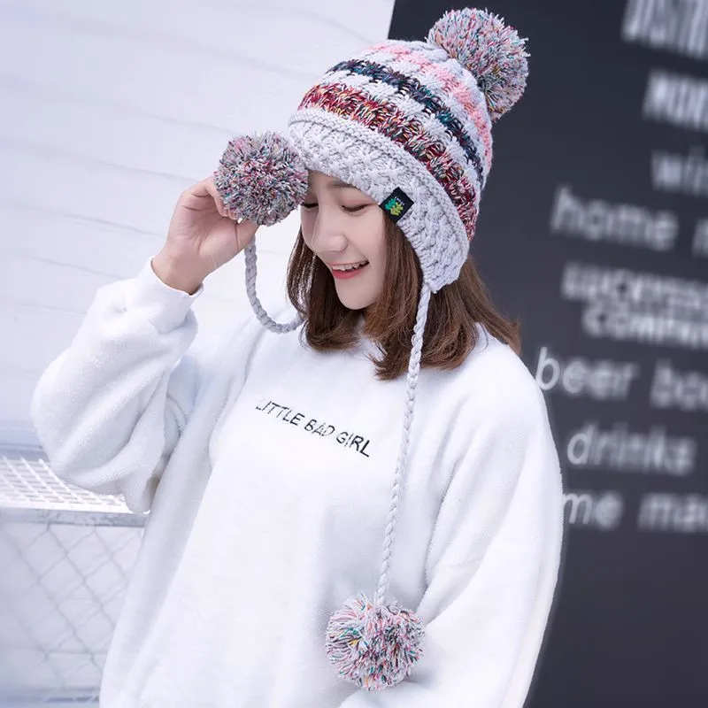 Шапка бини шерстяная Кепки s для Для женщин Earflap теплые Шапки Pom Зима крючком