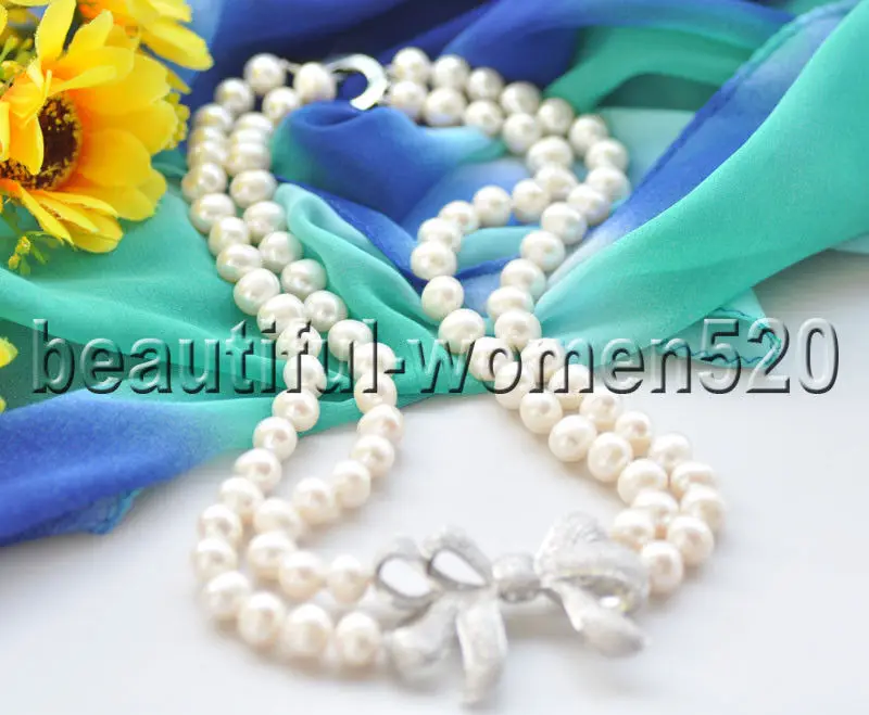 

X0592 2Row 20" 10mm White Gray Round FW Pearl Necklace CZ Bowknot