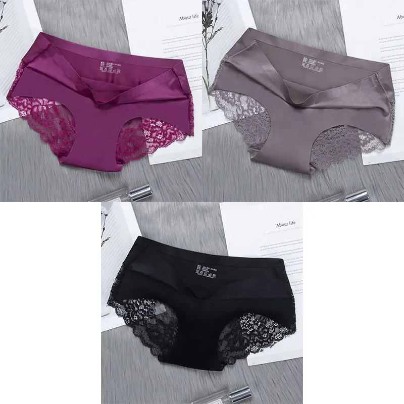 purple grey black BZEL 3 шт./лот женские сексуальные трусики дышащие Прозрачные Нижнее белье, кружевные трусики Для женщин шелковистые бесшовные трусики 5 Цвета - Цвет: purple grey black