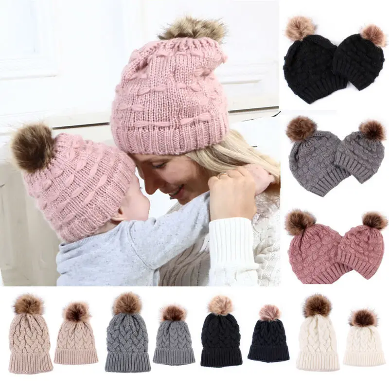 Family Matching Hats Mom&ampBaby Daughter/Son Warm Knit Knitted Crochet Wool Pom Bobble Beanie Ski Cap | Детская одежда и обувь