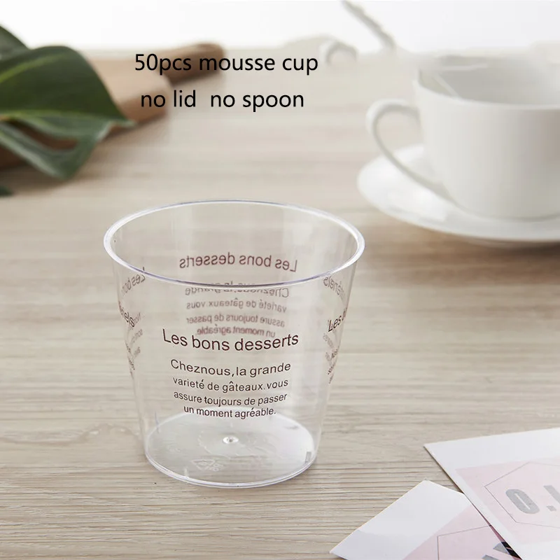 50pcs cup no lid 200 мл 50 шт./компл. мусс, десертные чашки прозрачный Пластик пудинг чашки мини чашка для парфэ прозрачная крышка для чашки ложка для мороженого инструмент - Цвет: 50pcs cup no lid