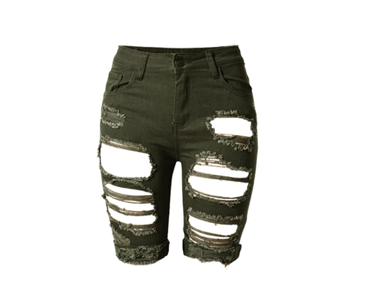 

New personality hole waist stretch slim multicolor army green black and white denim blue large size women all-match