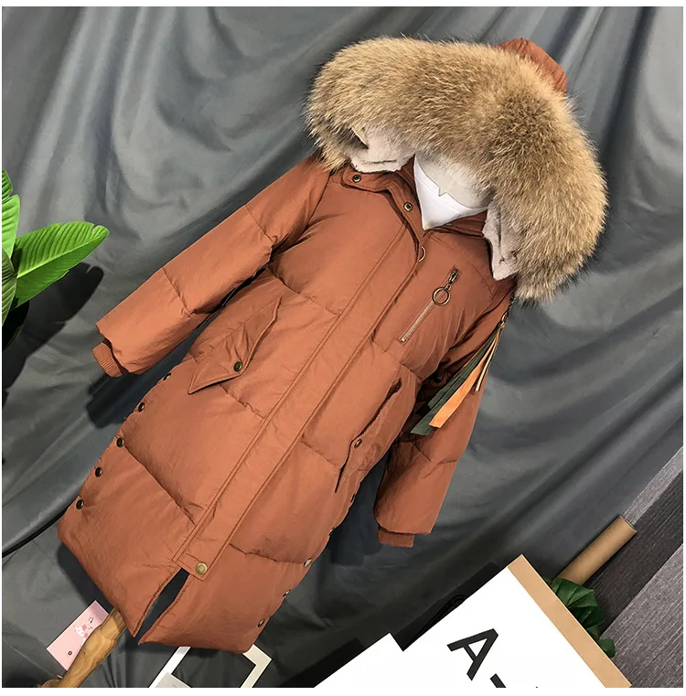 Caramel Schinteon женский пуховик Корейская теплая верхняя одежда с большим воротником из натурального меха енота пальто свободная одежда наивысшего качества - Цвет: Caramel